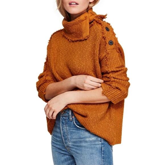Free People | NWT Golden Yellow On My Side Button Turtleneck Chunky Knit Sweater - Picture 1 of 13